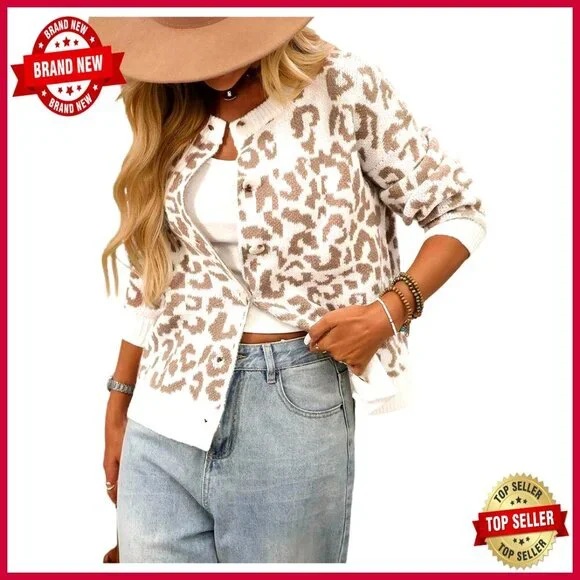 Leopard Print Cardigan Button Down Long Sleeve Crew Neck Sweater Tops - Picture 1 of 5